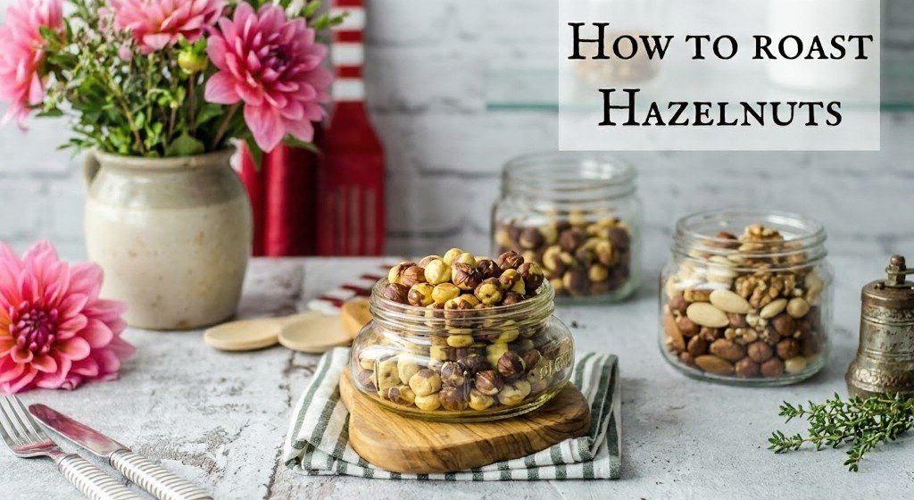 Roasted hazelnuts on a baking sheet, with skins loosening after oven roasting for easy peeling.