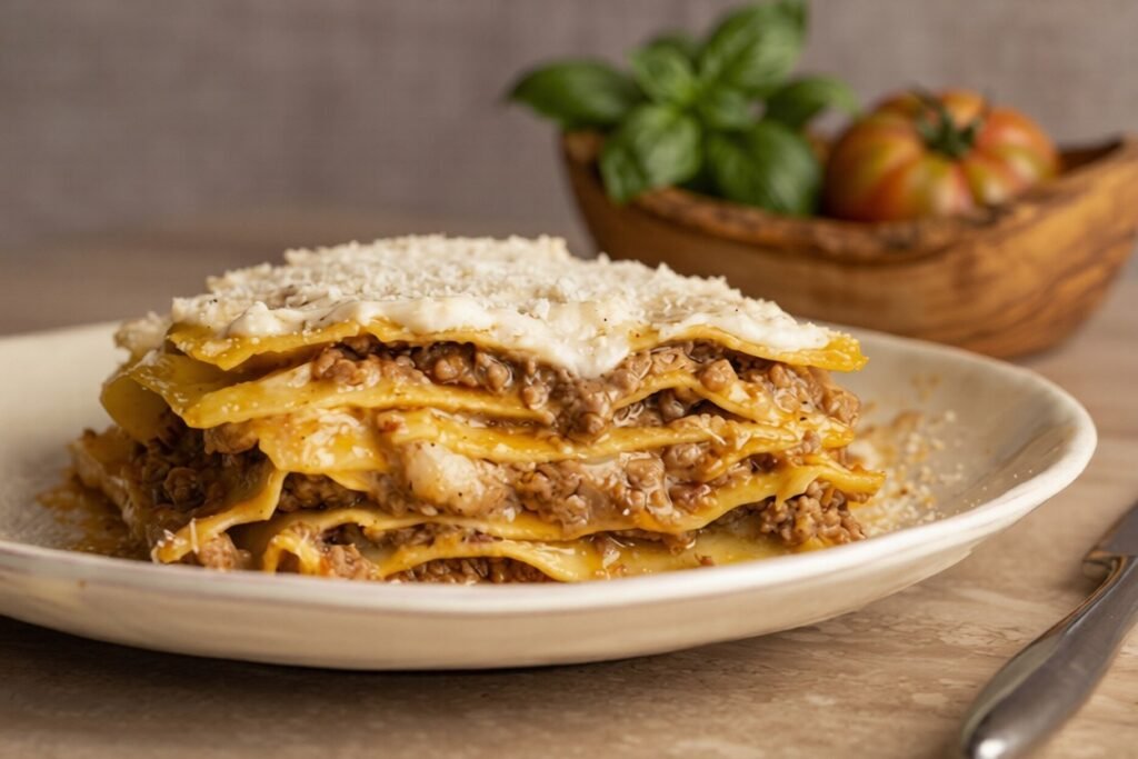 Layered lasagna al forno alla bolognese with ragù, béchamel, and parmesan cheese