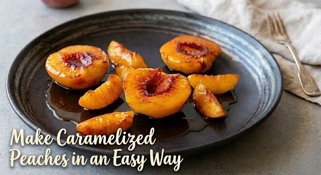 Caramelized peach halves and slices glisten with syrup on a dark plate.