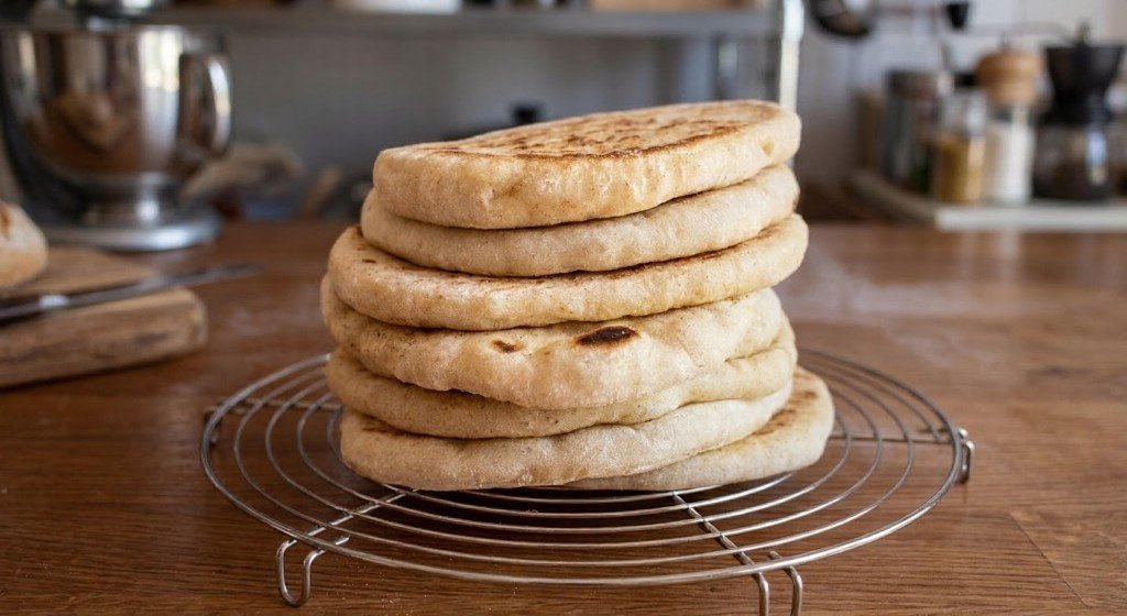 Stack of homemade bazlama Turkish flatbreads on cooling rack in kitchen