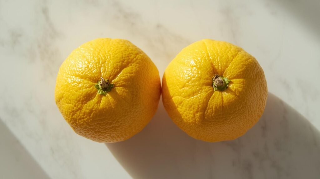 Two fresh citron fruits showing thick peel and bright yellow citrus skin