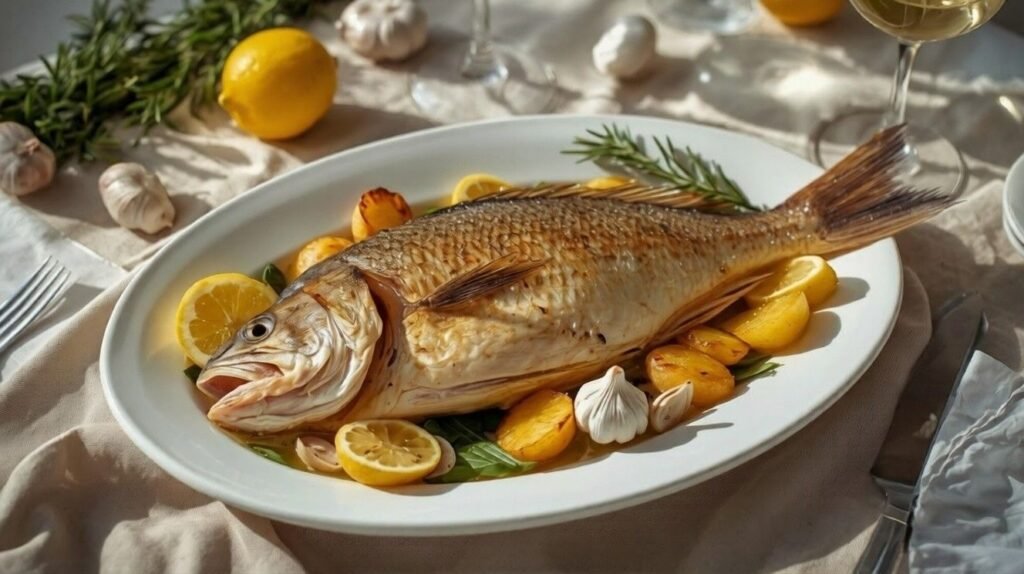 Whole roasted branzino with lemon slices, garlic, rosemary, and golden potatoes.