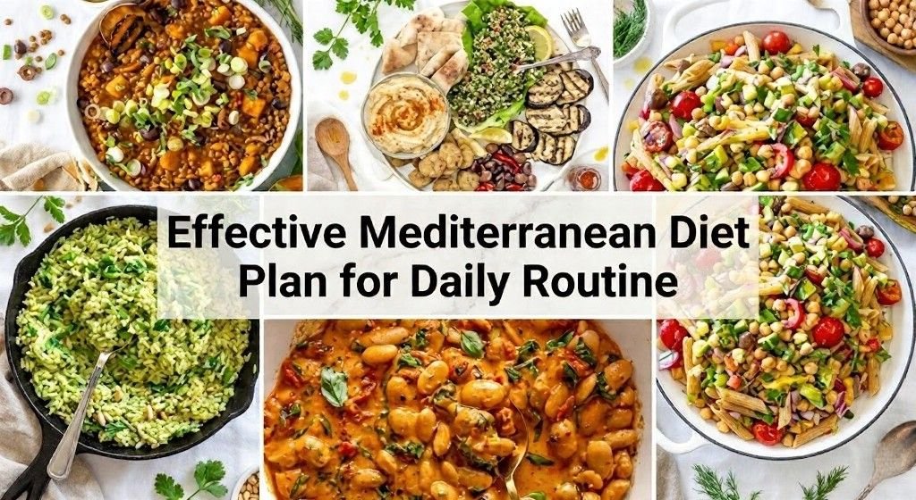 Collage of Mediterranean meals with salads, grains, beans, and pasta. Overlay text reads “Effective Mediterranean Diet Plan for Daily Routine”.