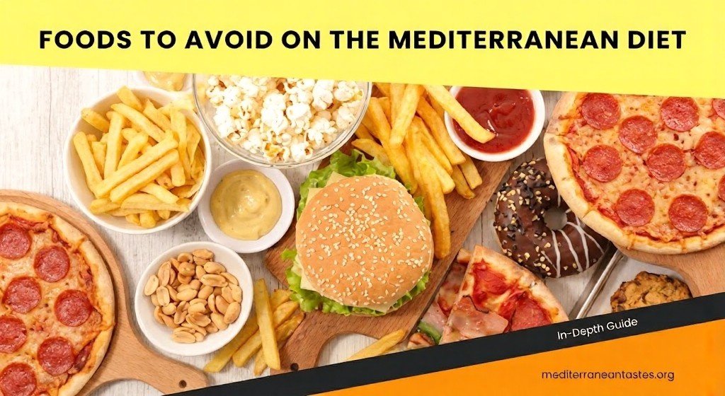 Banner showing fries, burger, pizza, donuts, popcorn, peanuts, and sauces. Text reads “Foods to Avoid on the Mediterranean Diet.”