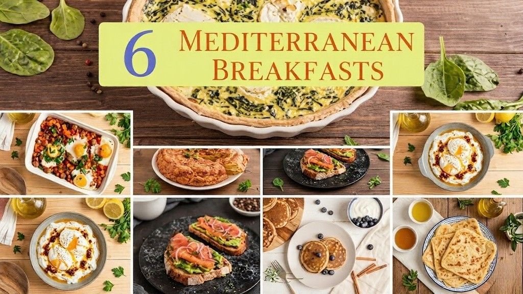Collage of Mediterranean breakfast dishes with eggs, toast, yogurt, and flatbread. Header reads “6 Mediterranean Breakfasts” over a rustic wooden table.