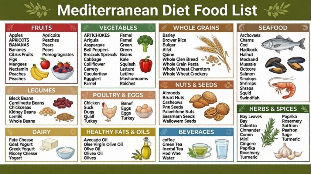 Assorted Mediterranean diet foods for beginners, including olive oil, fish, vegetables, fruits, grains, beans, nuts, yogurt, and herbs arranged on a table.