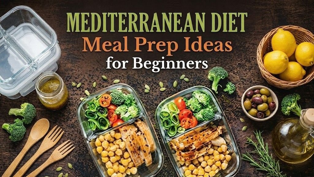 Mediterranean meal prep containers with chicken, chickpeas, and vegetables. Lemons, olives, olive oil, and herbs surround the healthy meals.