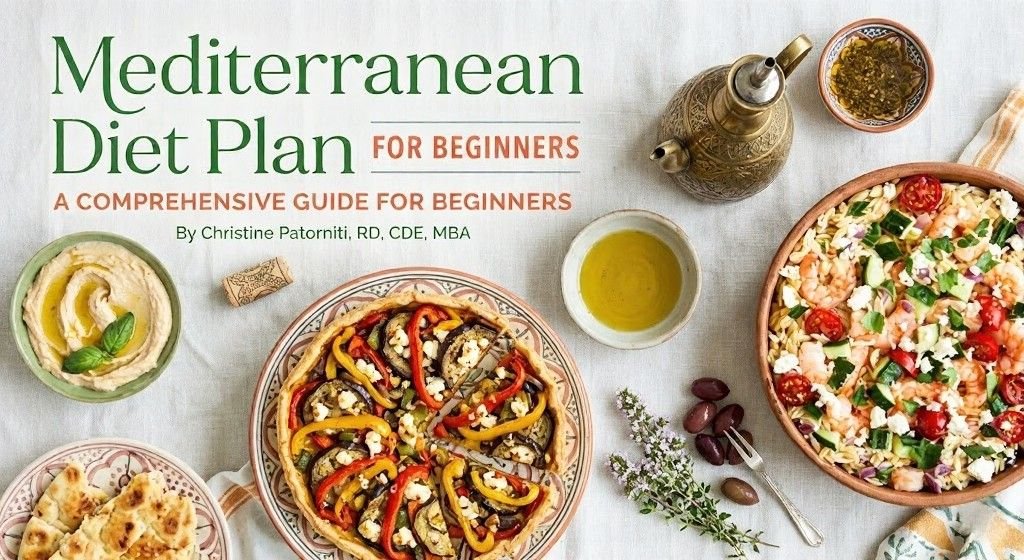 Cover image for “Mediterranean Diet Plan for Beginners” showing the title text beside Mediterranean foods including hummus, olive oil, flatbread, a roasted vegetable tart, olives, and a shrimp salad.