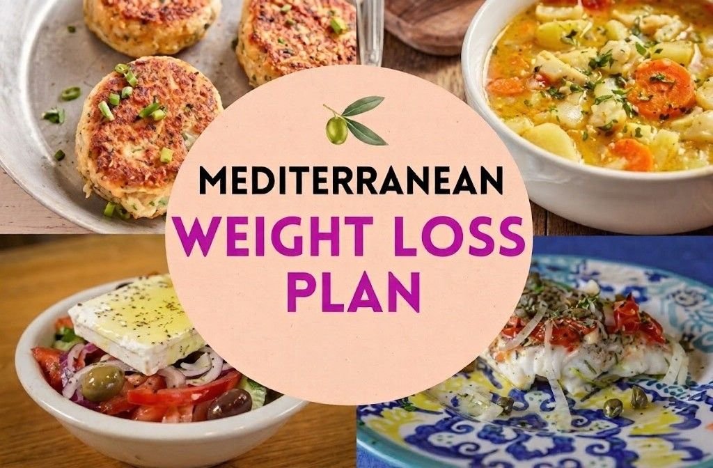 Collage of Mediterranean dishes surrounds the words weight loss plan. Shows salads, soup, fish, and patties linked to balanced eating.