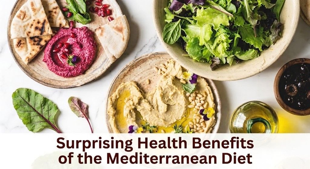 Overhead view of Mediterranean foods with hummus, beet dip, pita, and salad. Text overlay reads: Surprising Health Benefits of the Mediterranean Diet.