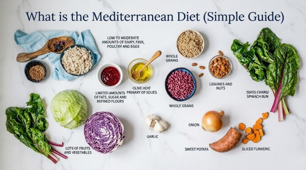 Flat-lay infographic titled “What is the Mediterranean Diet (Simple Guide)” showing olive oil, beans, grains, nuts, leafy greens, cabbage, onion, garlic, sweet potato, and turmeric with labels highlighting plant-based foods, whole grains, legumes, and moderate dairy, fish, poultry, and eggs.
