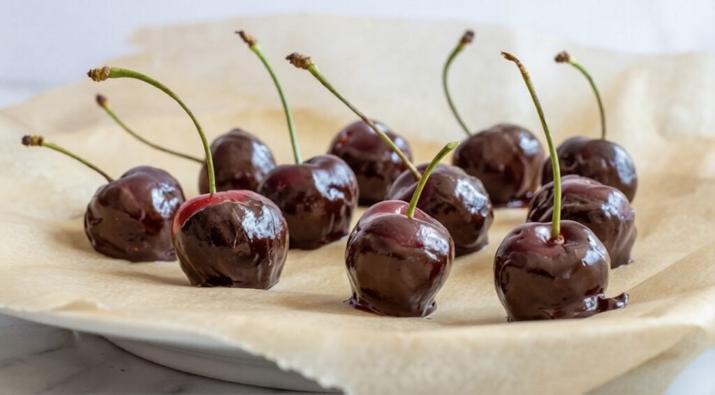A dozen dark cherries with stems are half-dipped in glossy chocolate on parchment-lined plate.