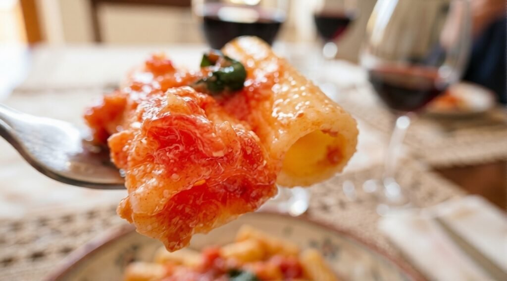Close-up of rigatoni pomodoro on a fork, coated in fresh tomato sauce with basil, with blurred wine glasses in the background.