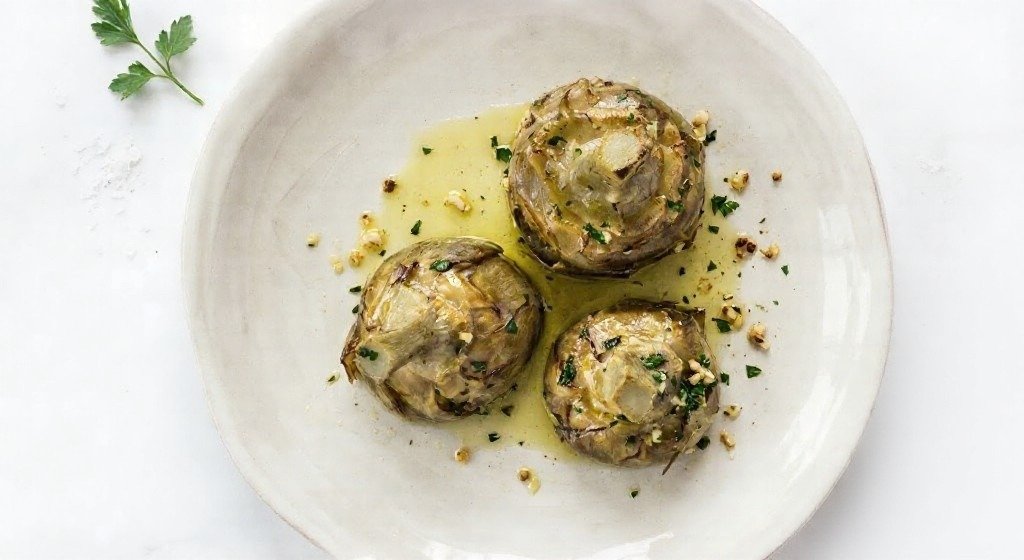 Three cooked Roman-style artichokes sit in olive oil on a pale plate, sprinkled with herbs and bits of garlic.