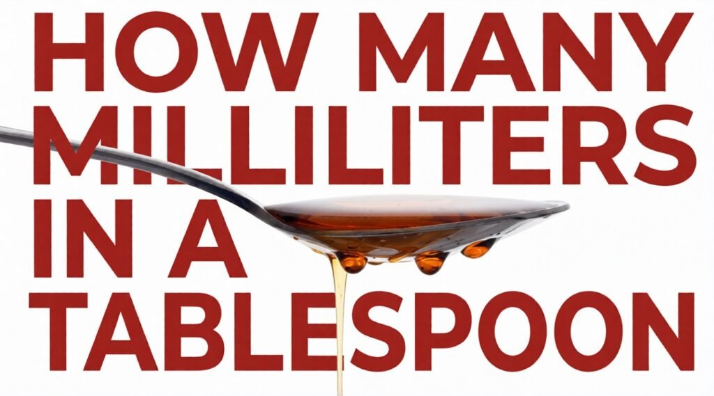 Spoon filled with amber liquid over bold red text reading “How Many Milliliters in a Tablespoon.”