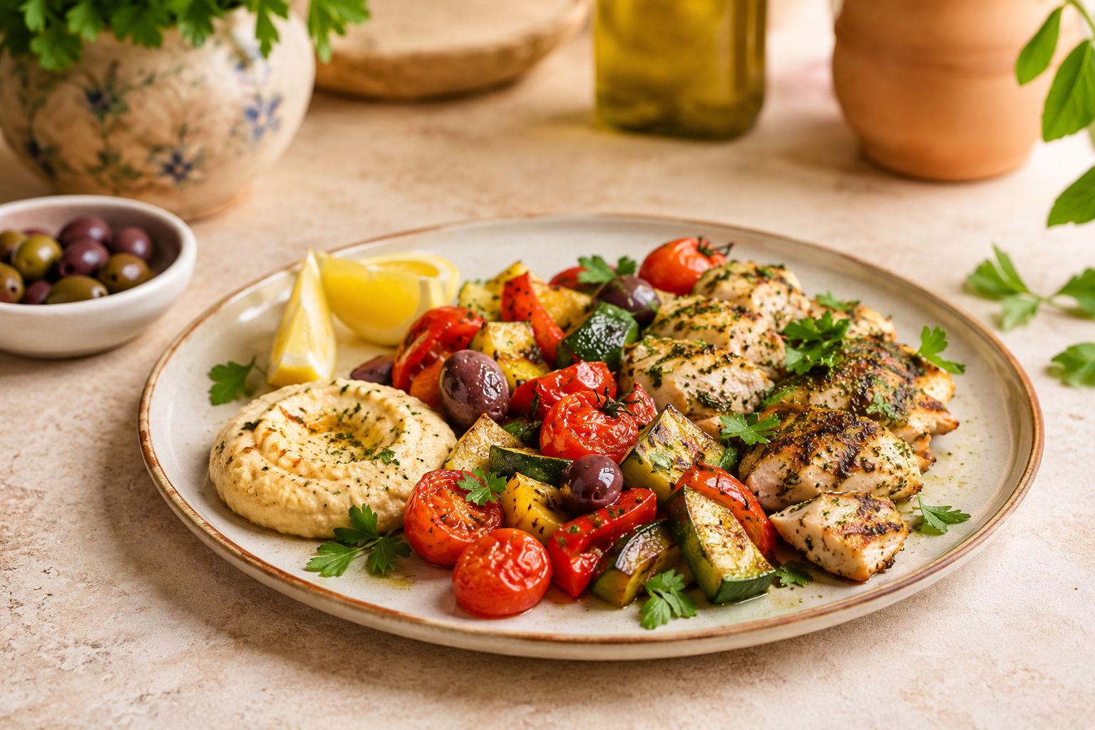 Grilled Mediterranean chicken with vegetables and hummus