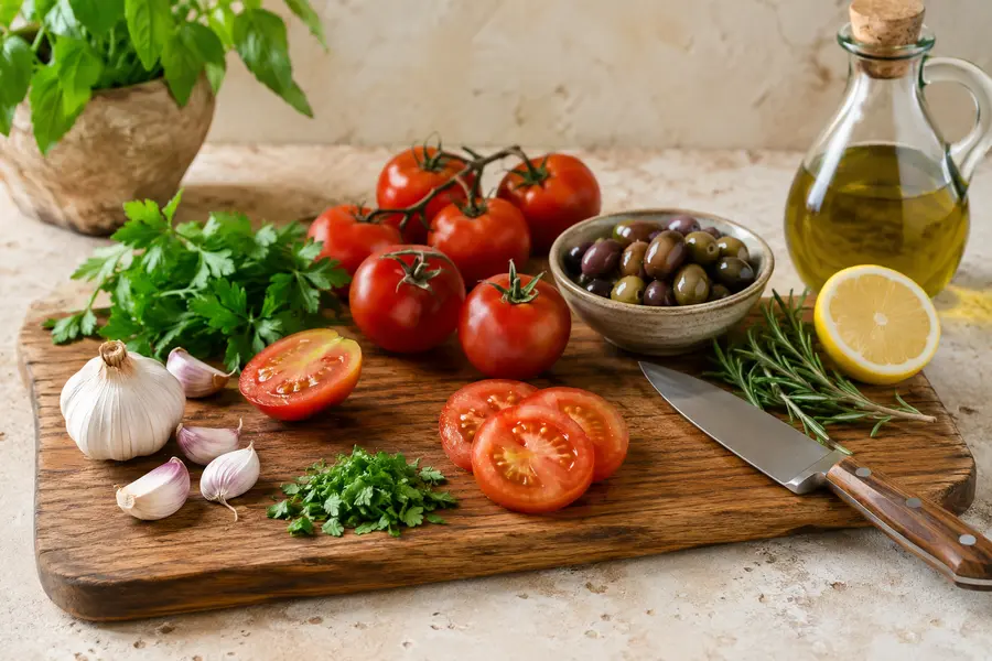 Mediterranean cooking ingredients prepared on a wooden cutting board