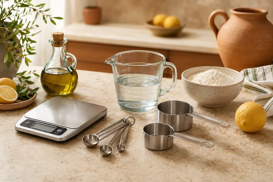 Kitchen measuring cups, spoons, jug and digital scale