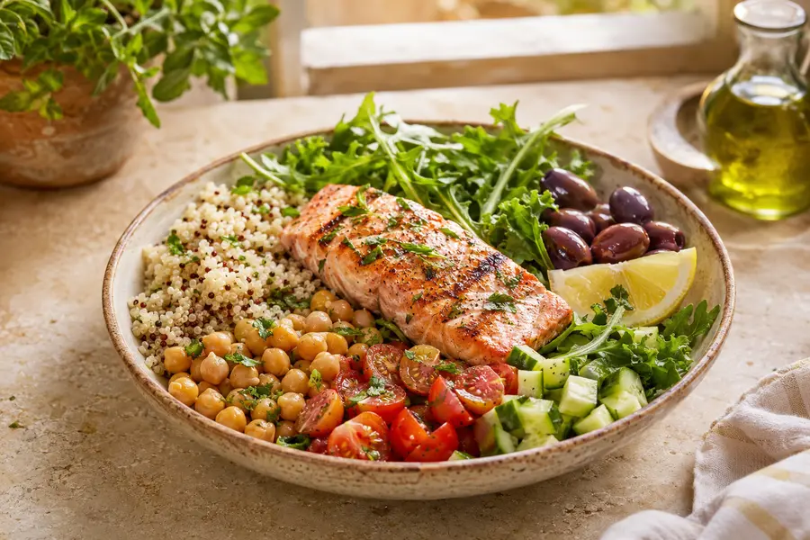Balanced Mediterranean diet bowl with salmon, quinoa and vegetables